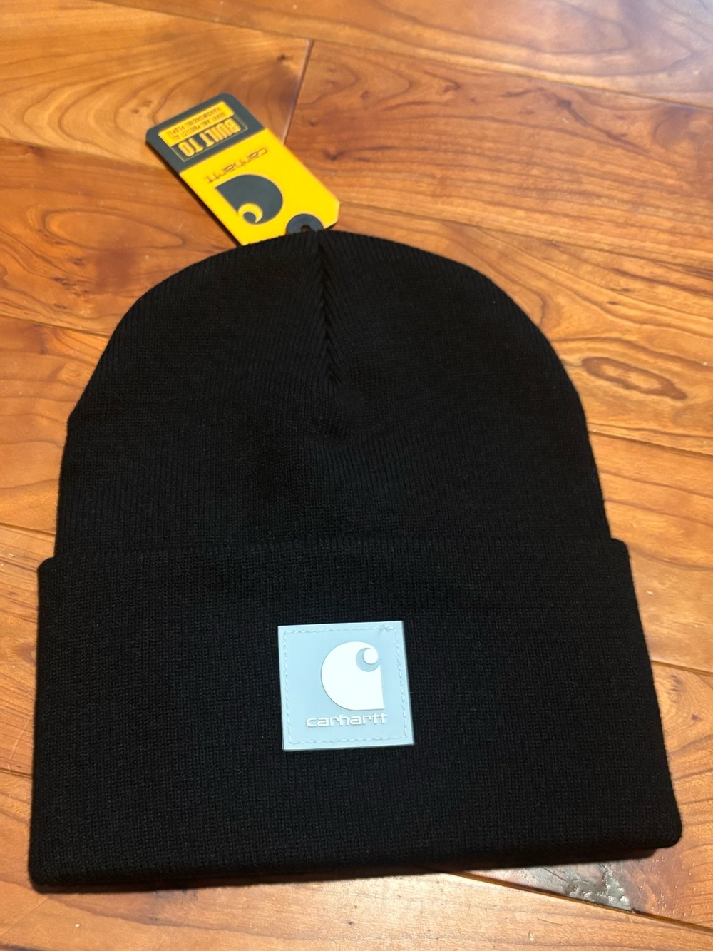 Carhartt Women’s Black Cuffed Beanie Hat with Light Blue Logo Detail